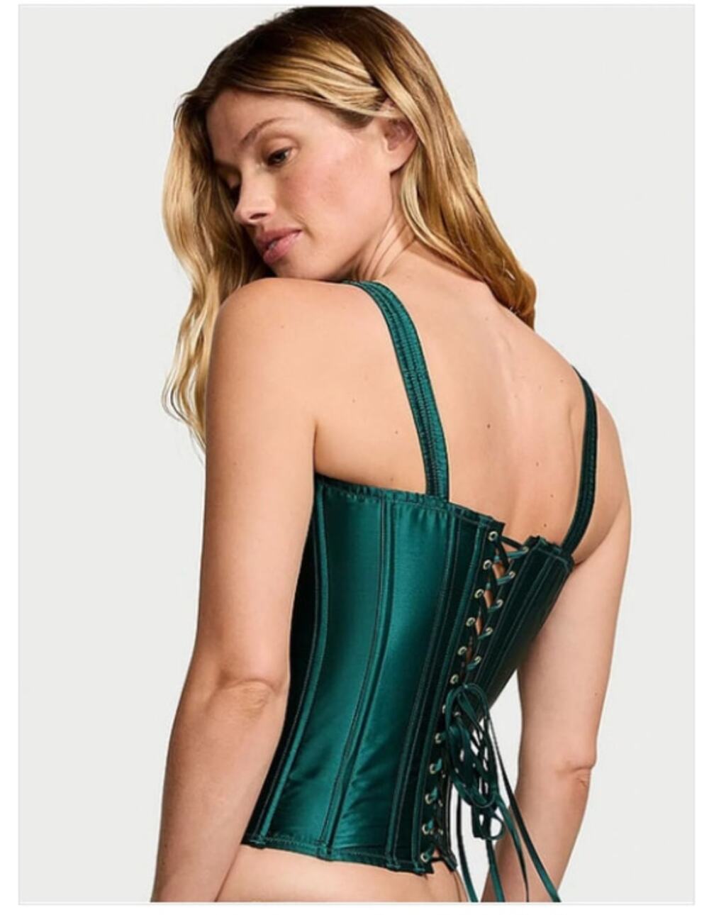 NWOT Victoria’s Secret Y2K Classic Silk Corset Lace Up Top Dark Emerald Green
